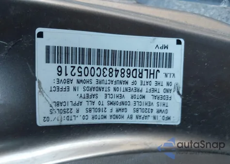 2003 Honda Cr-V Lx z USA, uszkodzony, nr VIN JHLRD68483C005216